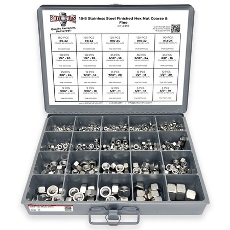 Boltsandnuts.Com 18-8 Stainless Steel Finished Hex Nut Coarse & Fine - 968 pcs Assortment Kit #357